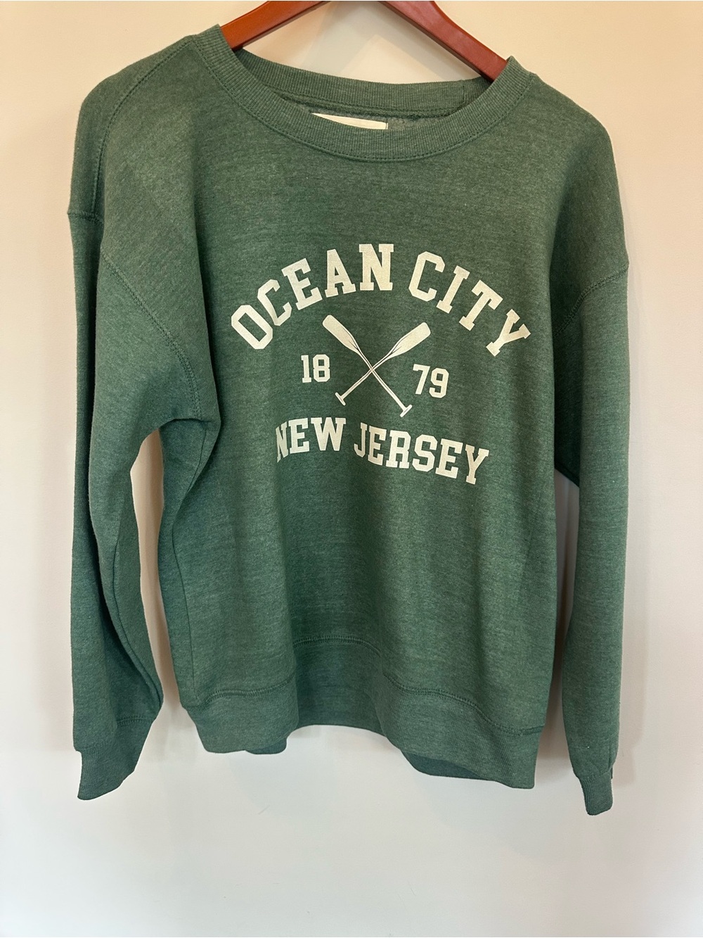 Ocean Drive Green Crewneck Sweater with White Ocean City Graphic